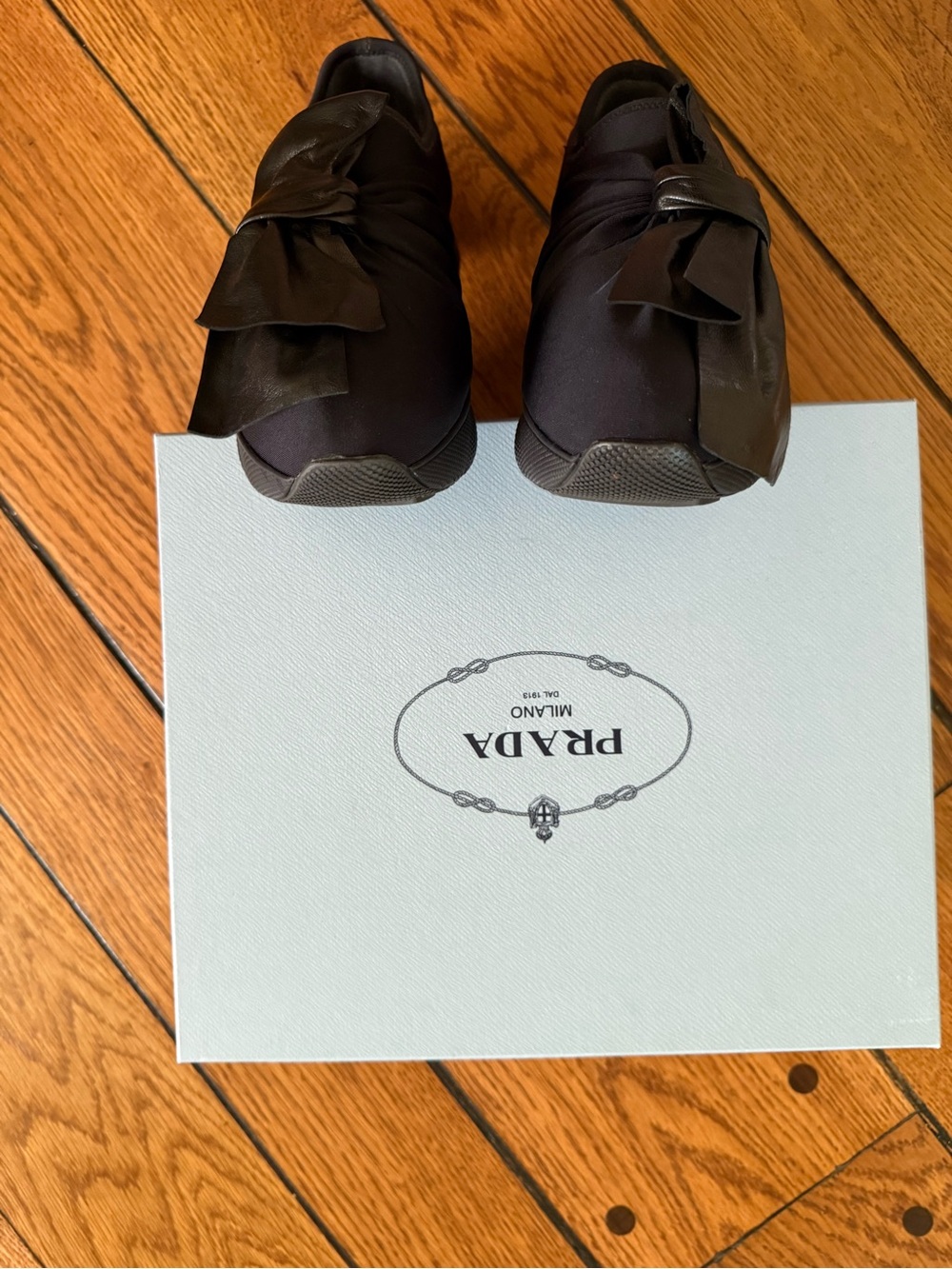 Prada Black Satin Slip-On Sneakers with Metallic Black Bow New - Picture 5 of 5